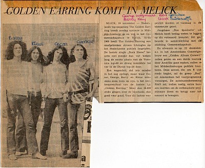 Newspaper announcement Golden Earring show November 22, 1970 Melick - Gemeenschapshuis